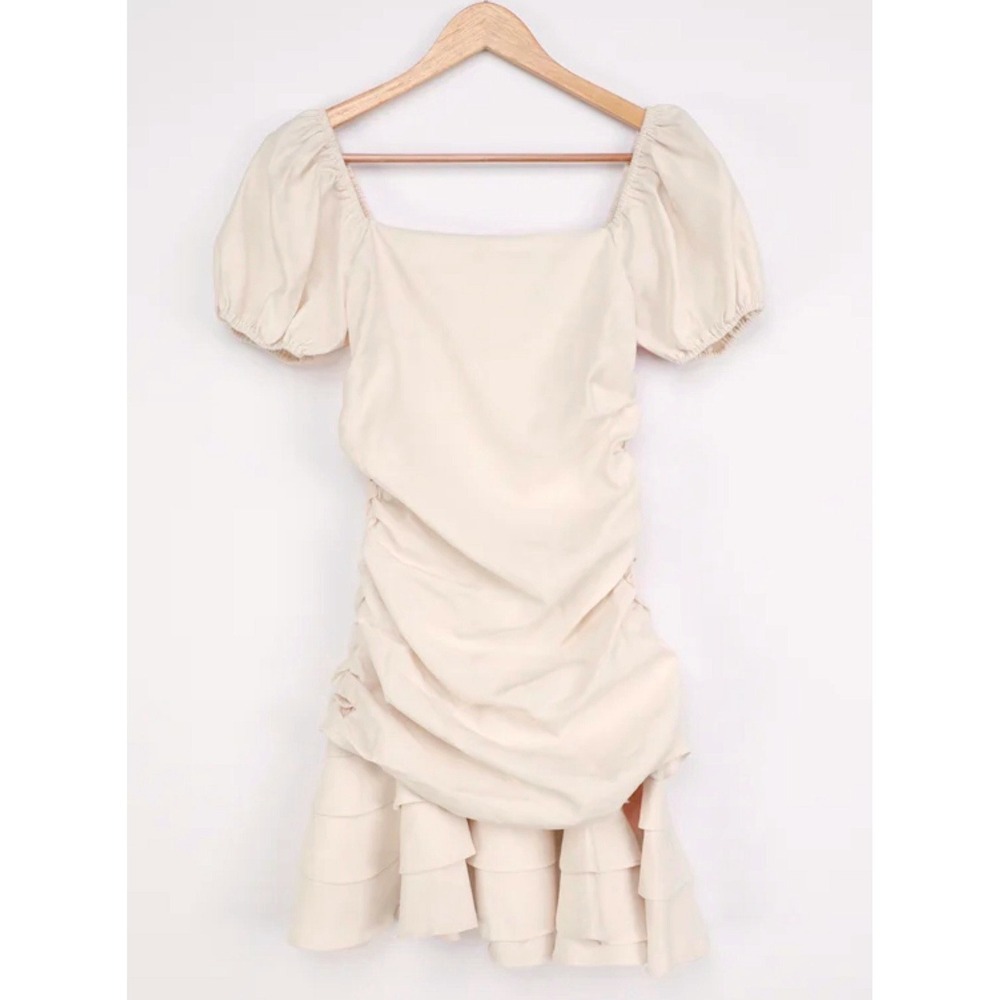 Lulus Mini Dress Womens M Cream Excellent Ruched Puff Sleeve Tiered Ruffle